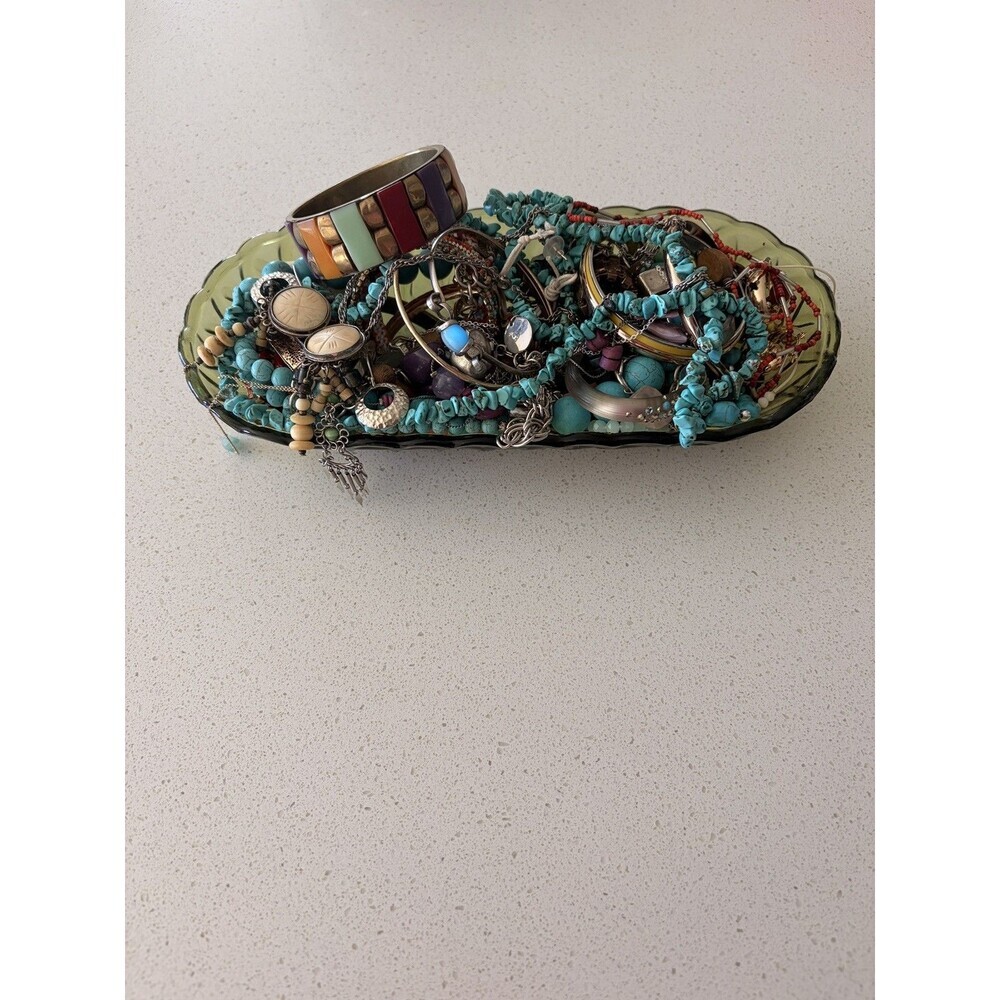 VTG Native Boho Mystery Jewelry Jar Turquoise Silver Tone Bead stone necklace